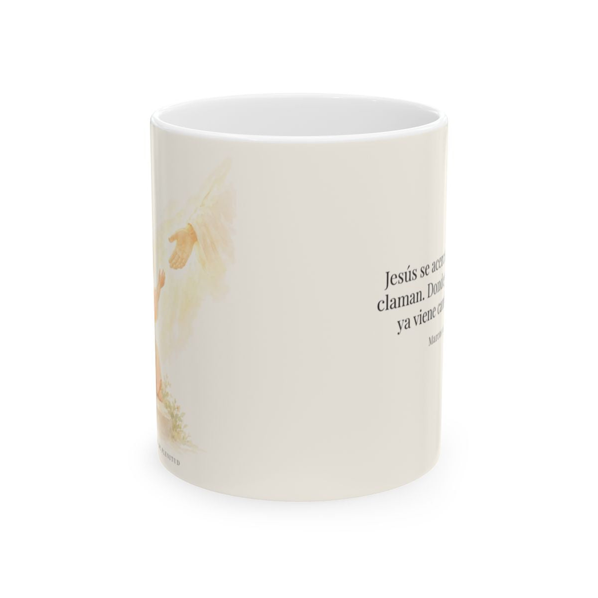 Jesús se acerca a los que claman | Taza cristiana para regalar | Marcos 9:24 — 11 oz · Vista frontal