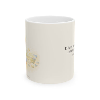 Jehová peleará por ti | Taza con arte cristiano | Éxodo 14:13 — 11 oz · Vista frontal