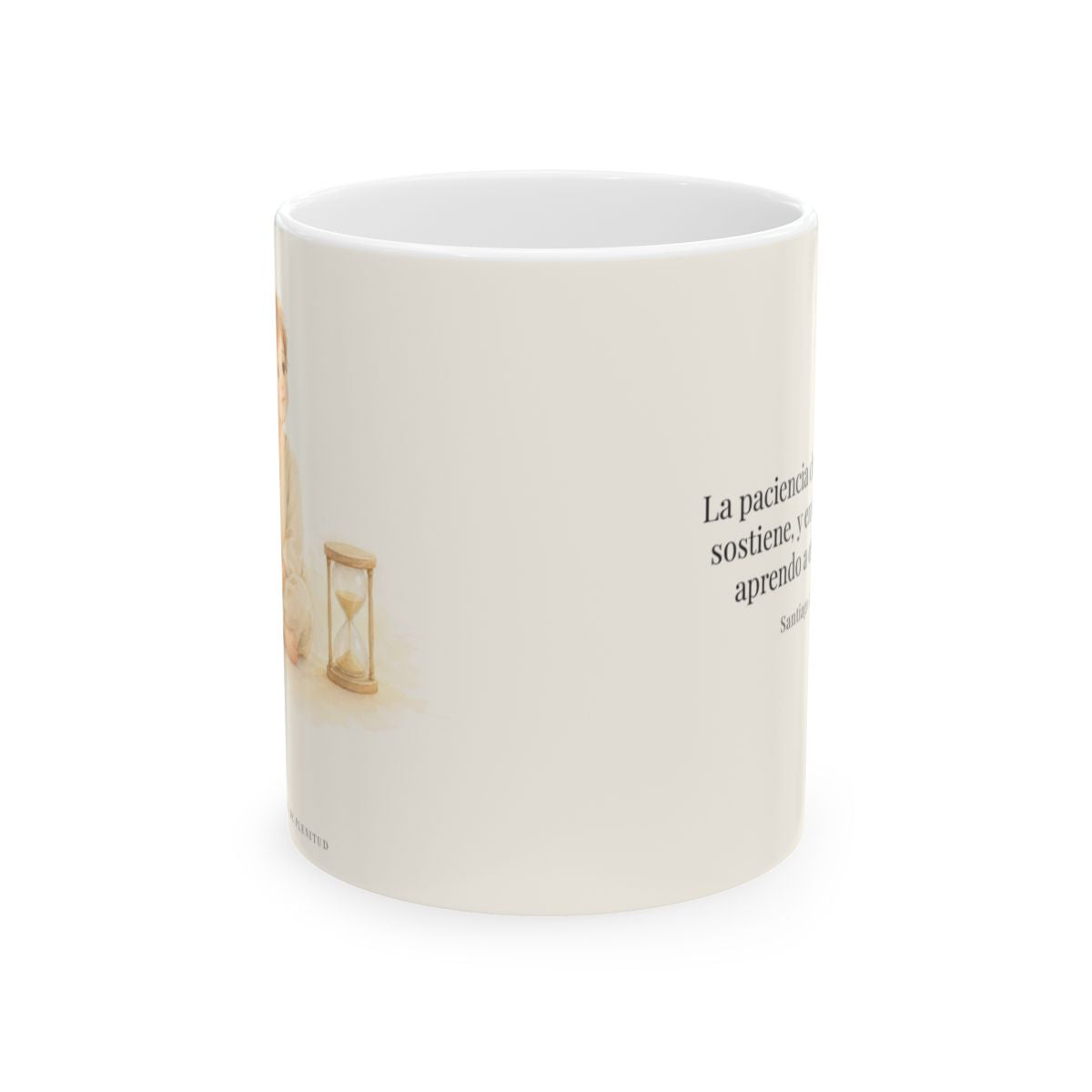En la paciencia de Dios encuentro reposo | Taza cristiana con frase devocional | Santiago 1:19 — 11 oz · Vista frontal