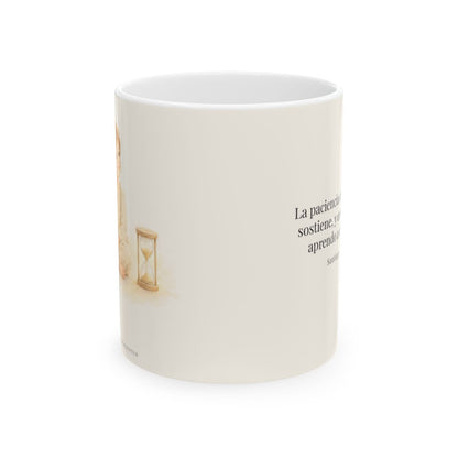 En la paciencia de Dios encuentro reposo | Taza cristiana con frase devocional | Santiago 1:19 — 11 oz · Vista frontal