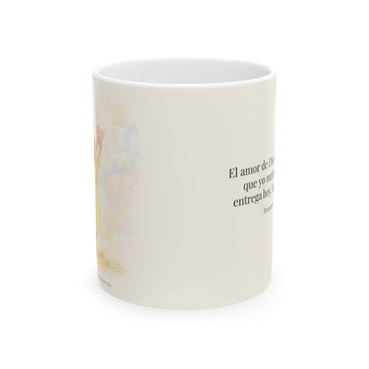 Dios demuestra su amor para conmigo | Taza de fe para cada mañana | Romanos 5:8 — 11 oz · Vista frontal