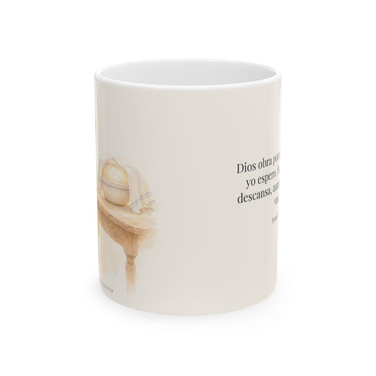 Dios obra por mí mientras yo espero | Taza cristiana con frase devocional | Juan 5:17 — 11 oz · Vista frontal