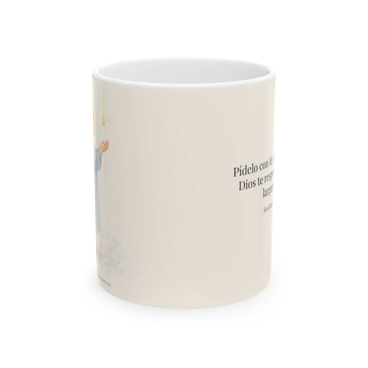 Dios dará sin dudar al que pide con fe | Taza devocional de fe | Santiago 1:6 — 11 oz · Vista frontal