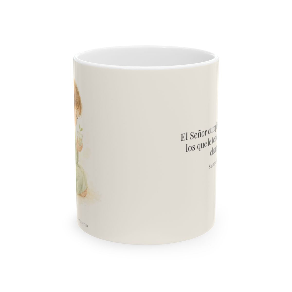 El Señor cumple el deseo de los que le temen | Taza de inspiración bíblica | Salmo 145:19 — 11 oz · Vista frontal