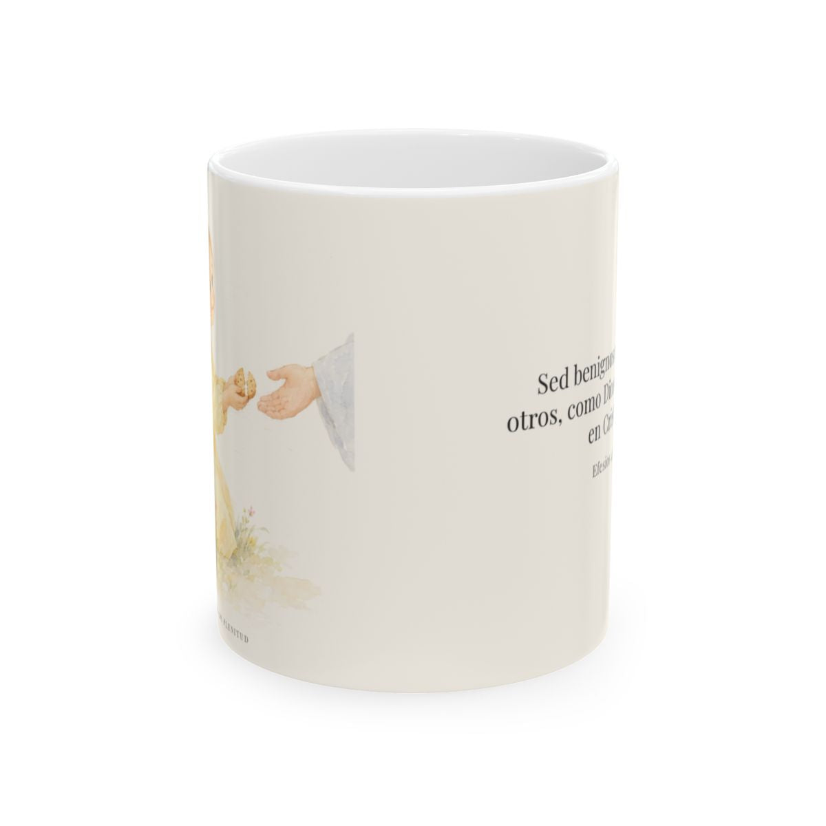 Sed benignos unos con otros | Taza cristiana con frase devocional | Efesios 4:32 — 11 oz · Vista frontal