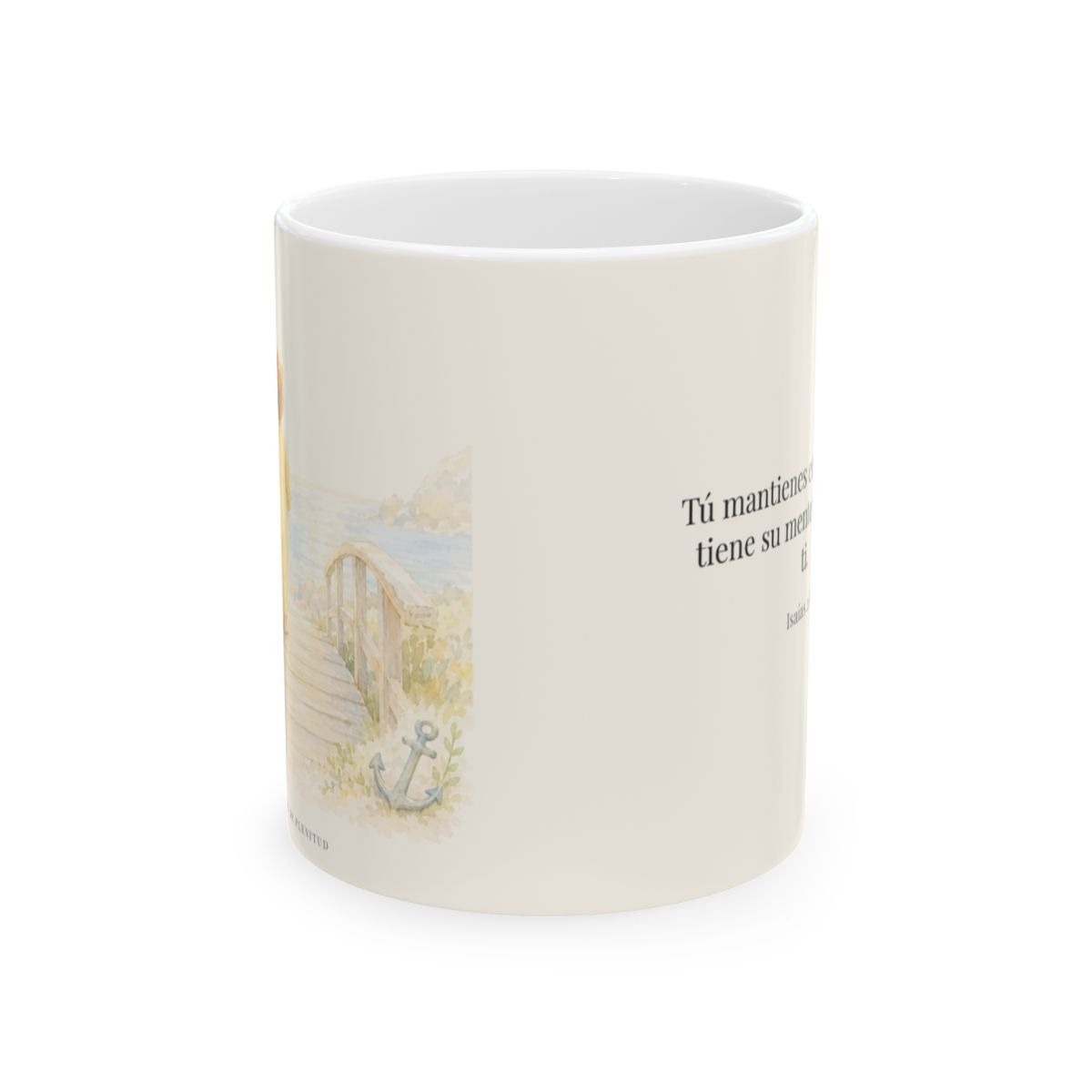 El Señor me sostiene en pensamiento firme | Taza devocional ilustrada | Isaías 26:3 — 11 oz · Vista frontal