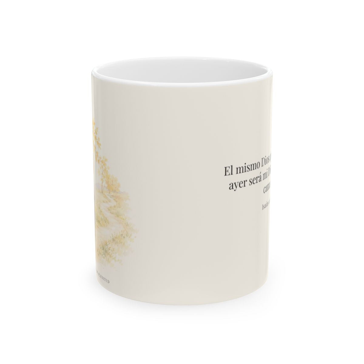El mismo Dios será mi Dios hasta la vejez | Taza bíblica de cerámica | Isaías 46:4 — 11 oz · Vista frontal