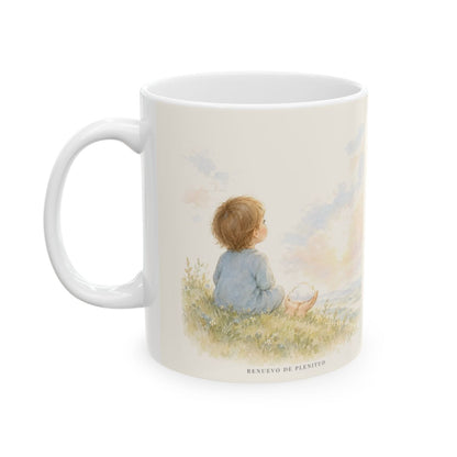 El mañana ya está en las manos de Dios | Taza de fe para cada mañana | Mateo 6:34 — 11 oz · Cara ilustrada