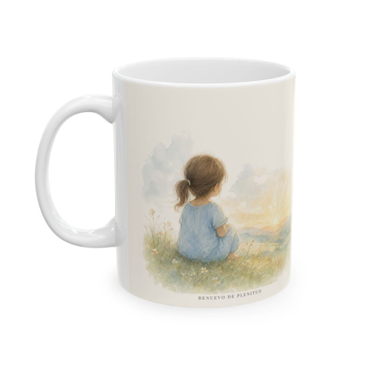 No os afanéis por el día de mañana | Taza con arte cristiano | Mateo 6:34 — 11 oz · Cara ilustrada