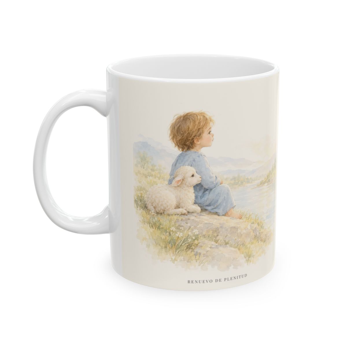 Mis ovejas oyen mi voz | Taza devocional ilustrada | Juan 10:27 — 11 oz · Cara ilustrada