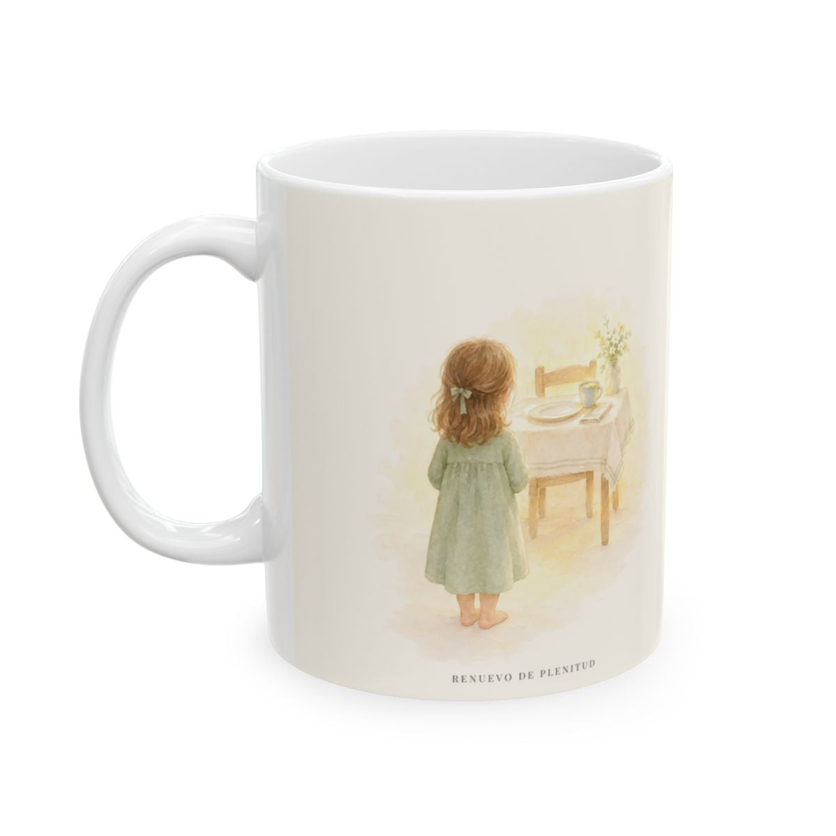 En mesa servida delante de mis angustias | Taza cristiana en dos tamaños | Salmo 23:5 — 11 oz · Cara ilustrada