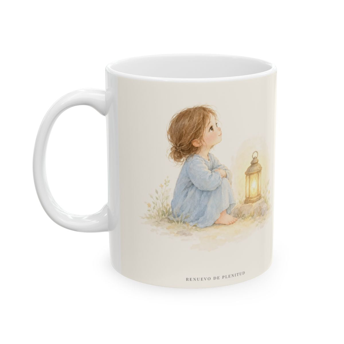 El Señor acalla tus temores con su amor | Taza devocional de fe | Sofonías 3:17 — 11 oz · Cara ilustrada