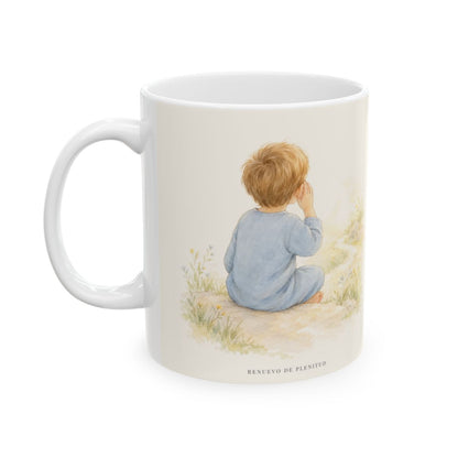 Pronto para oír dice el Señor | Taza cristiana para regalar | Santiago 1:19 — 11 oz · Cara ilustrada