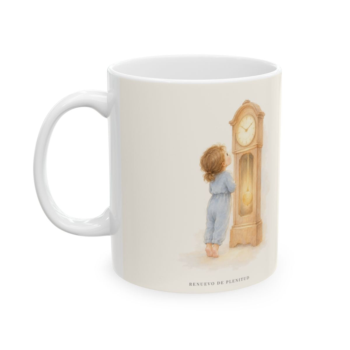Las manos de Dios no se detienen por mí | Taza de fe para cada mañana | Juan 5:17 — 11 oz · Cara ilustrada