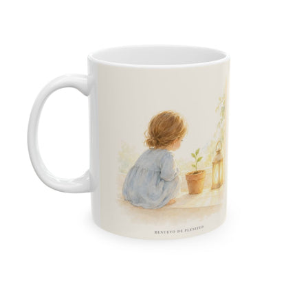 Cristo vive para siempre y nunca más muere | Taza de fe para cada mañana | Romanos 6:9 — 11 oz · Cara ilustrada