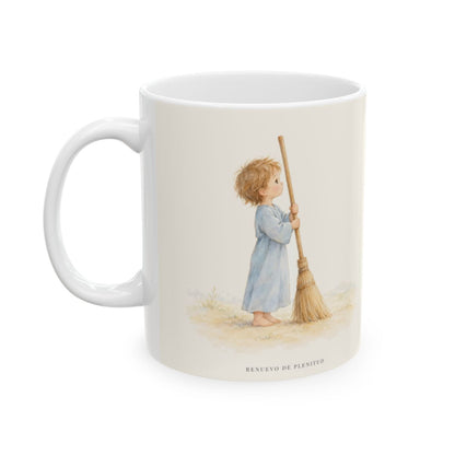 Dios escoge lo débil y le da su fuerza | Taza con arte cristiano | 1 Corintios 1:27 — 11 oz · Cara ilustrada