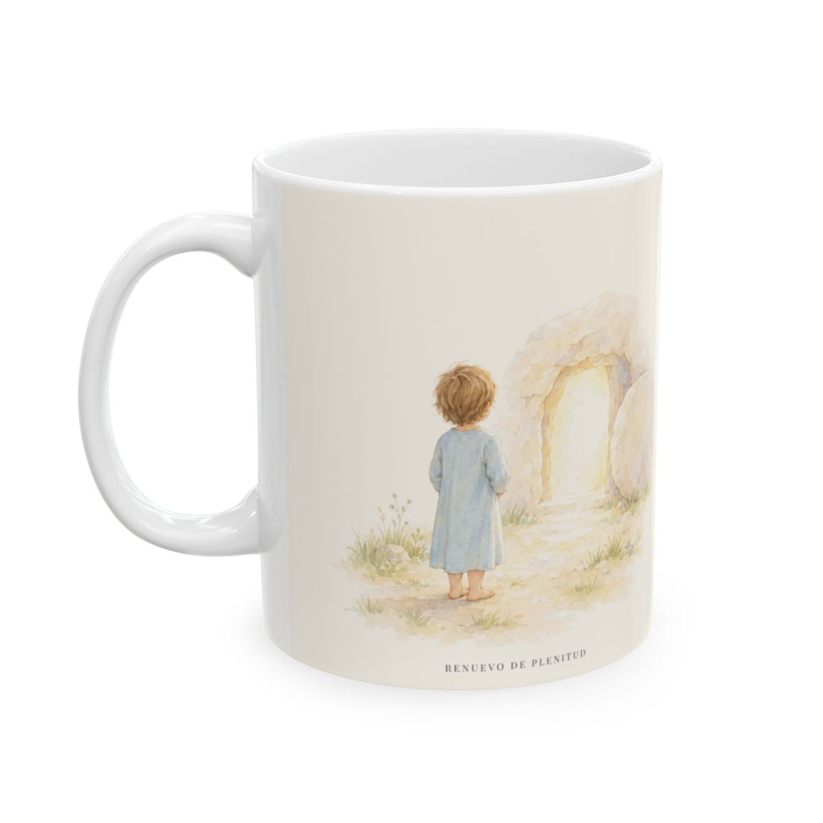 Cristo vive y la muerte ya no reina | Taza cristiana en dos tamaños | Romanos 6:9 — 11 oz · Cara ilustrada