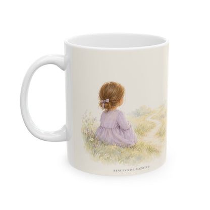 El Señor cuida del día que todavía no llega | Taza bíblica para café | Mateo 6:34 — 11 oz · Cara ilustrada
