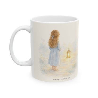 La luz de Dios brilla en mis tinieblas | Taza devocional ilustrada | Juan 1:5 — 11 oz · Cara ilustrada