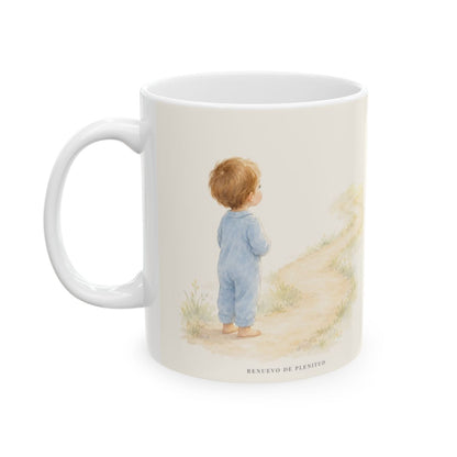 El corazón del hombre piensa, Dios endereza | Taza con arte cristiano | Proverbios 16:9 — 11 oz · Cara ilustrada