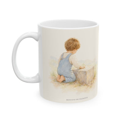 Sobre Cristo construyo mi casa | Taza bíblica de cerámica | Mateo 7:24-25 — 11 oz · Cara ilustrada