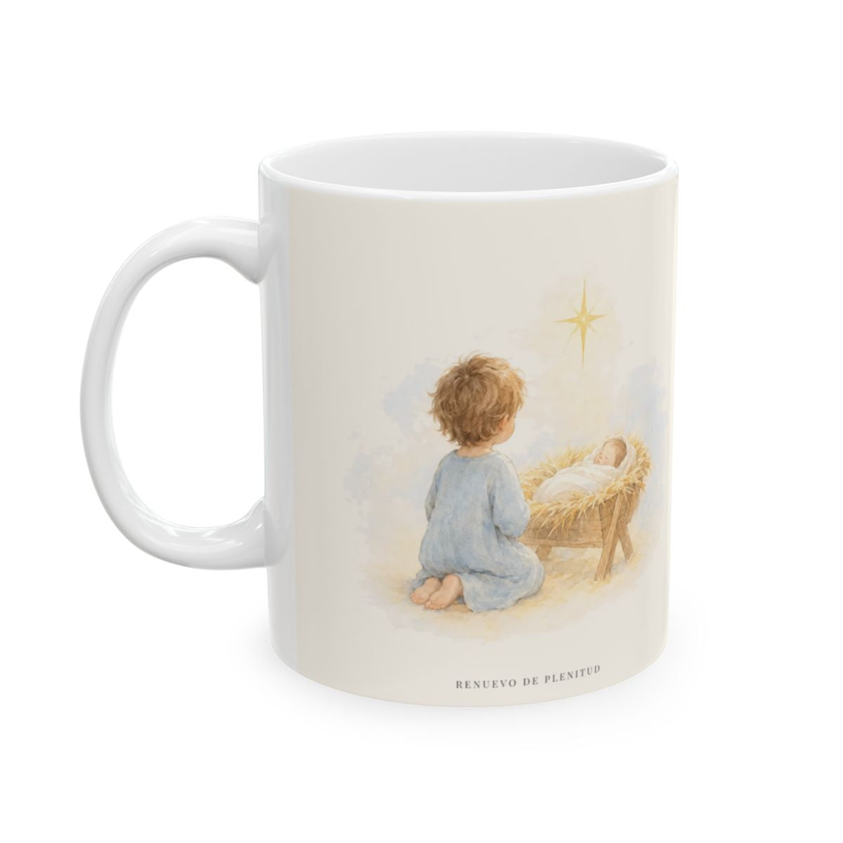 En Belén, Dios vino a darme paz | Taza bíblica de cerámica | Lucas 2:14 — 11 oz · Cara ilustrada