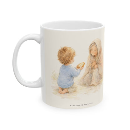 El amor de Dios se da en cosas pequeñas | Taza bíblica para café | Mateo 25:40 — 11 oz · Cara ilustrada