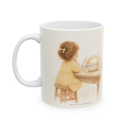 Dios obra por mí mientras yo espero | Taza cristiana con frase devocional | Juan 5:17 — 11 oz · Cara ilustrada