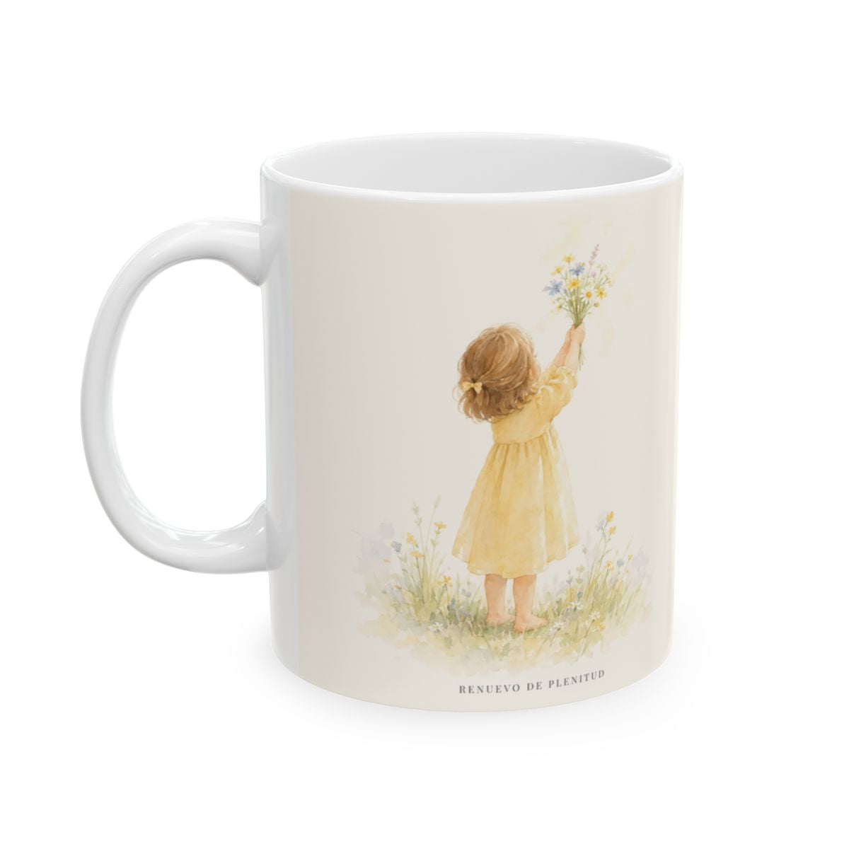 Dios se alegra con los que se alegran | Taza devocional de fe | Romanos 12:15 — 11 oz · Cara ilustrada