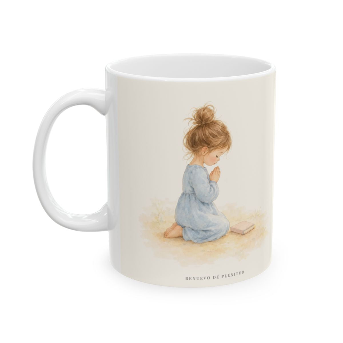 Empiezo el año de rodillas ante Dios | Taza devocional ilustrada | Salmo 143:8 — 11 oz · Cara ilustrada