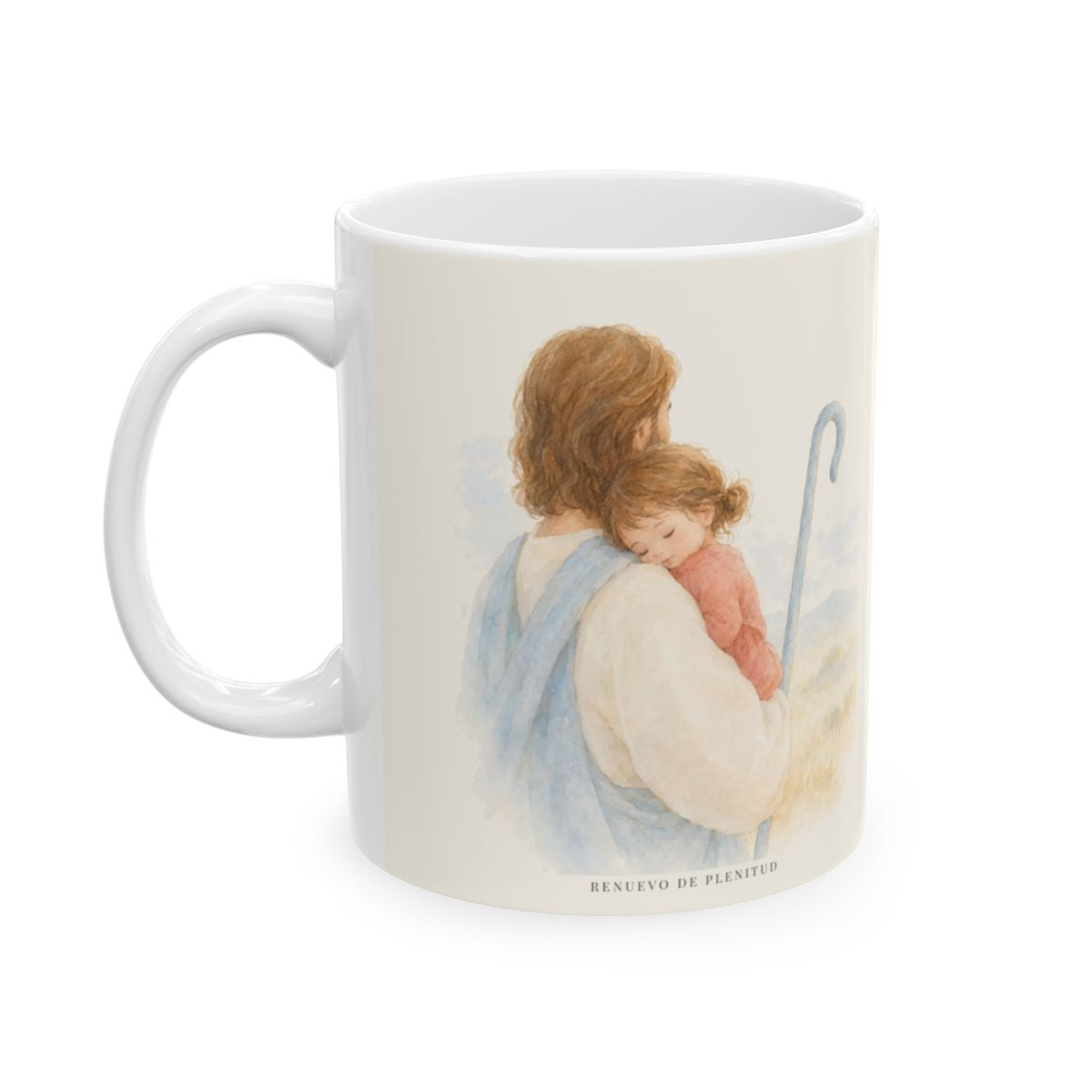 En sus brazos que nunca se cansan | Taza bíblica para café | Isaías 40:11 — 11 oz · Cara ilustrada