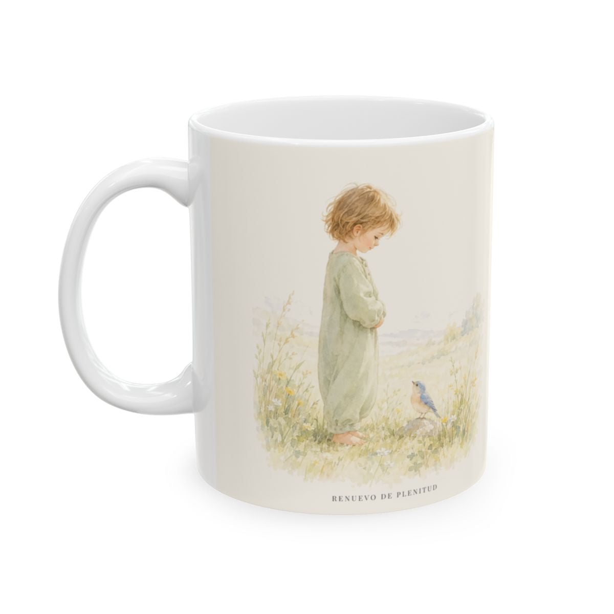 El Señor me conoce por mi nombre | Taza de fe para cada mañana | Juan 10:27 — 11 oz · Cara ilustrada