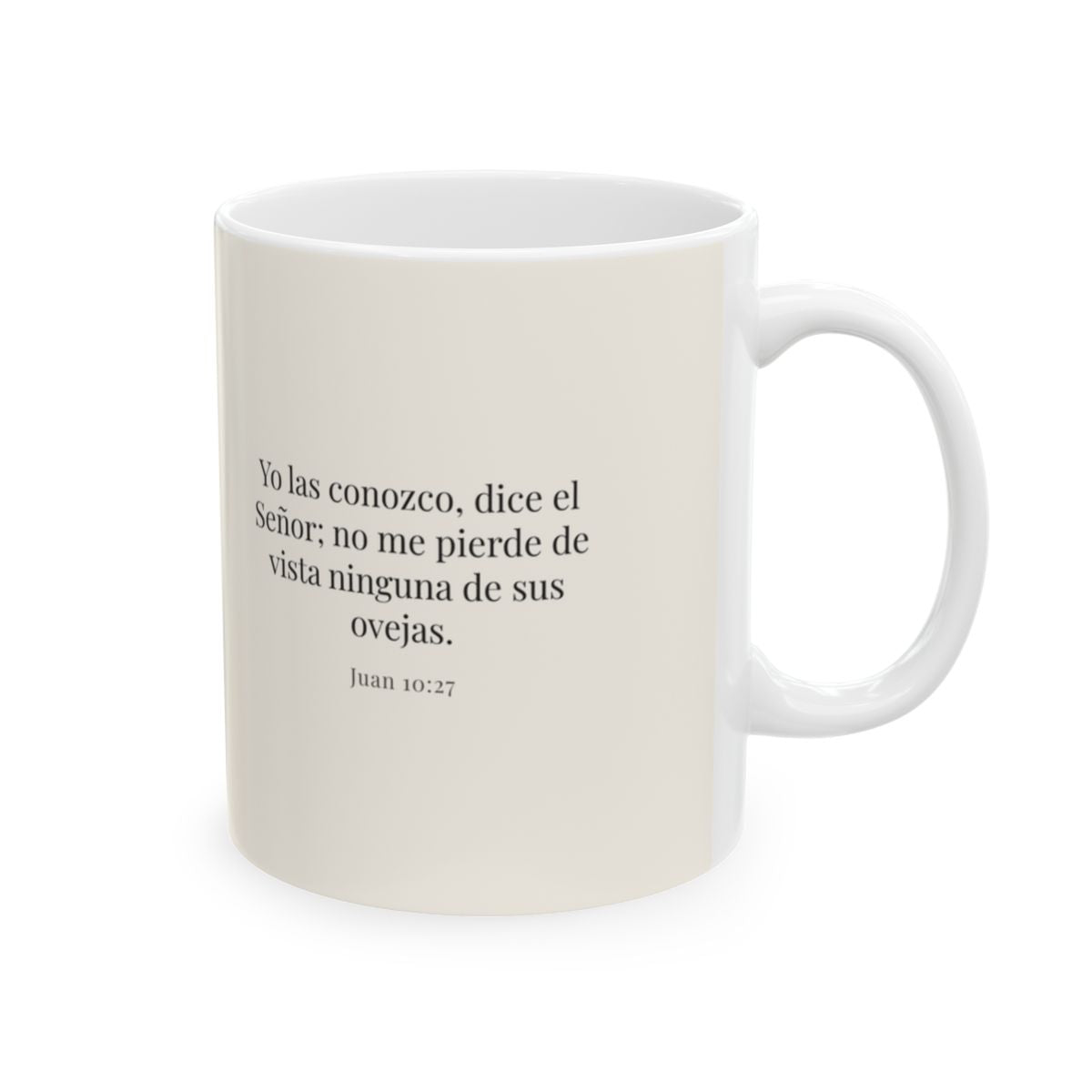 El Señor me conoce por mi nombre | Taza de fe para cada mañana | Juan 10:27 — 11 oz · Cara bíblica