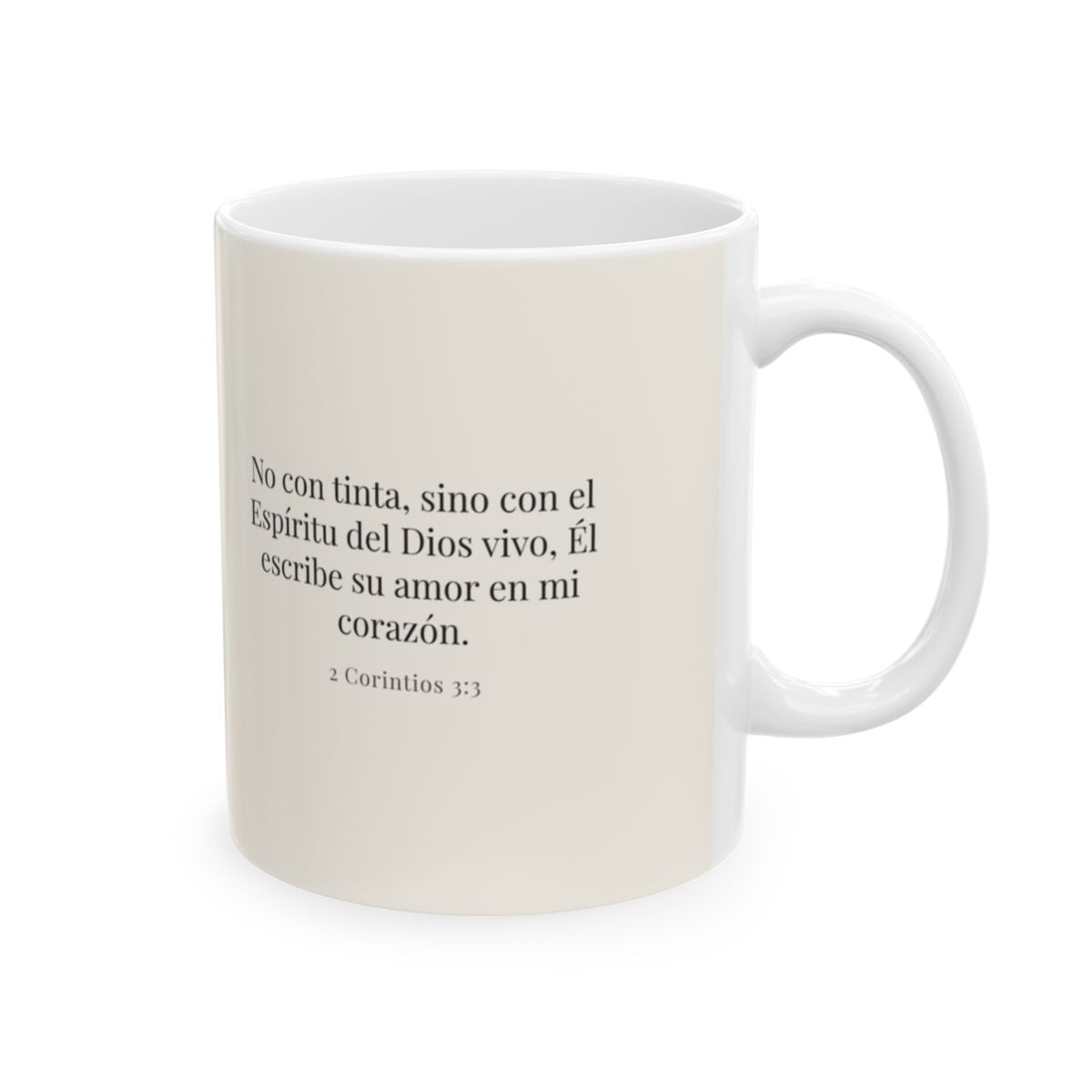 El Espíritu del Dios vivo escribe en mi corazón | Taza devocional de fe | 2 Corintios 3:3 — 11 oz · Cara bíblica