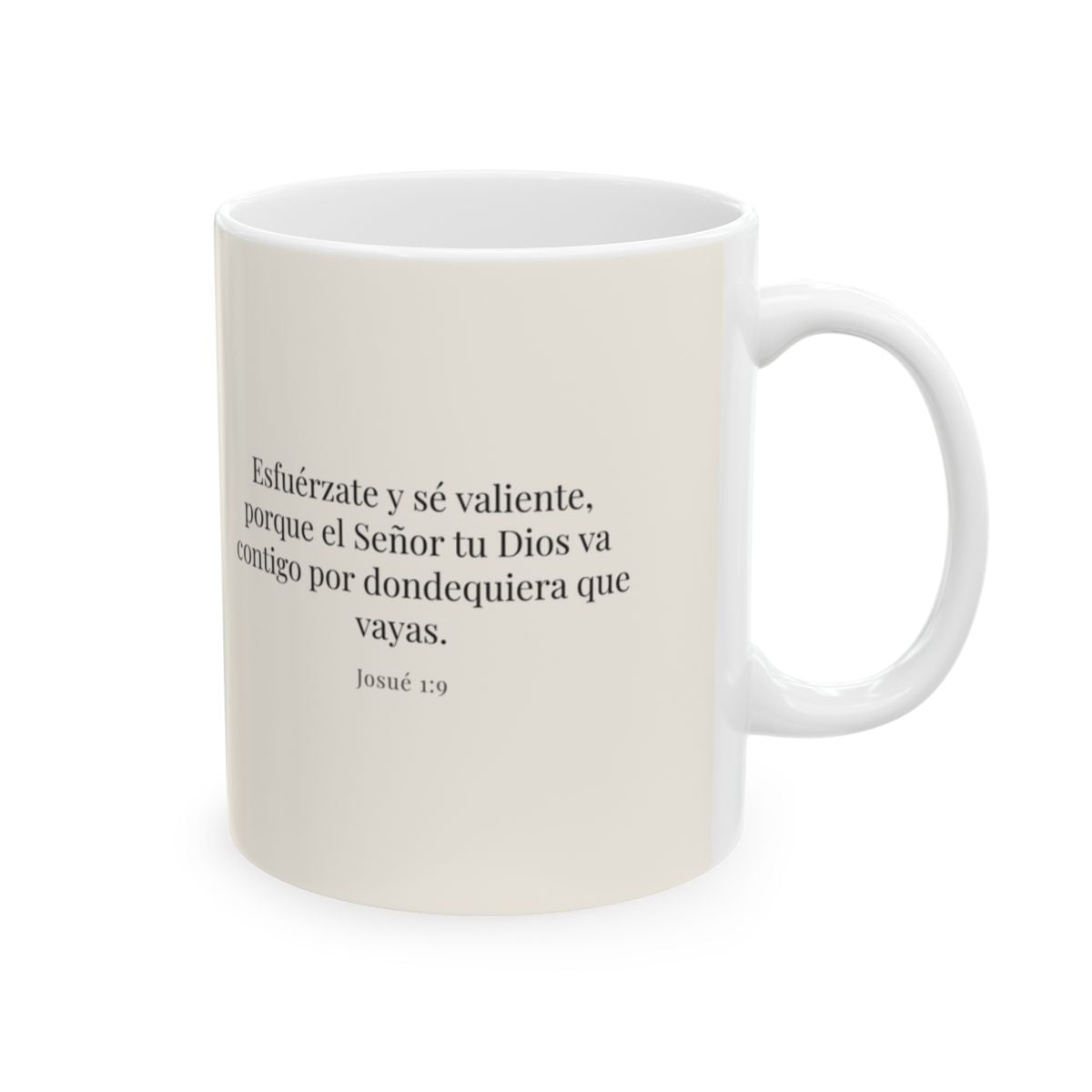 Esfuérzate y sé valiente, porque Jehová va contigo | Taza con arte cristiano | Josué 1:9 — 11 oz · Cara bíblica