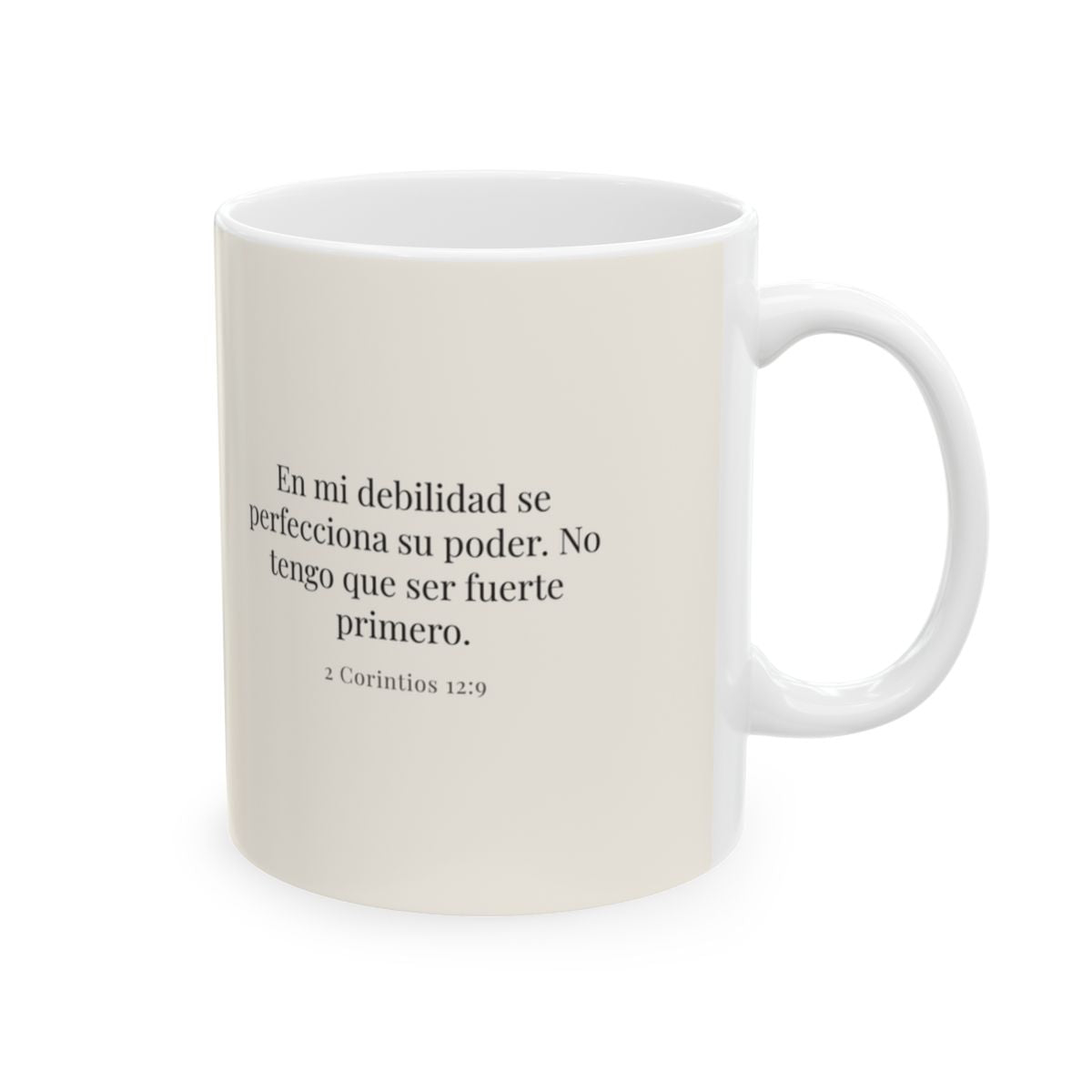 En mi debilidad se perfecciona su poder | Taza devocional de fe | 2 Corintios 12:9 — 11 oz · Cara bíblica