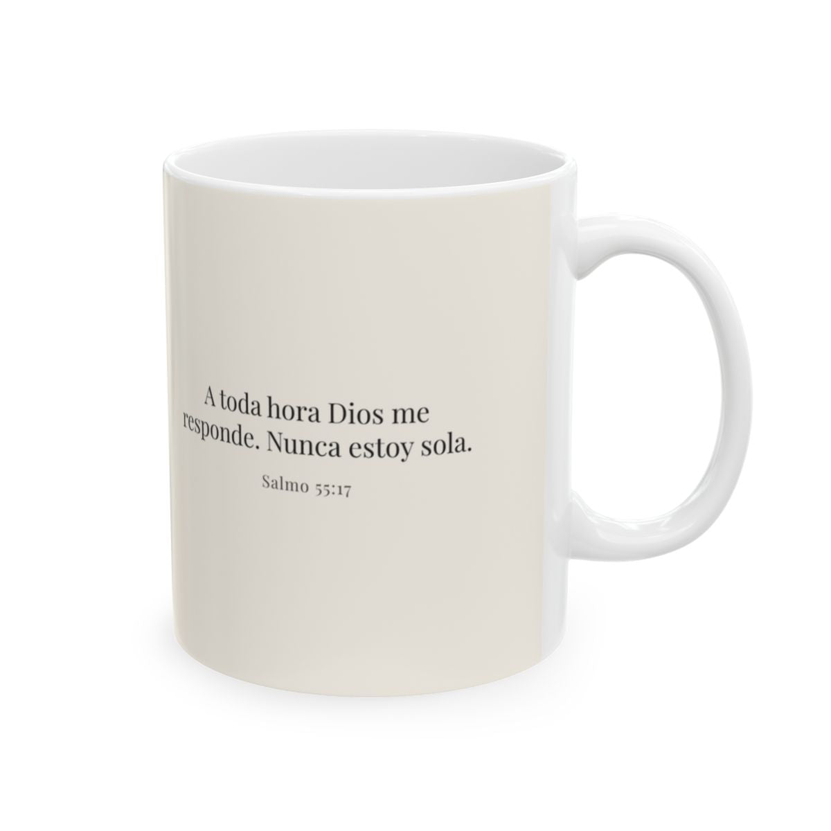 El Señor responde tarde, mañana y a mediodía | Taza devocional de fe | Salmo 55:17 — 11 oz · Cara bíblica