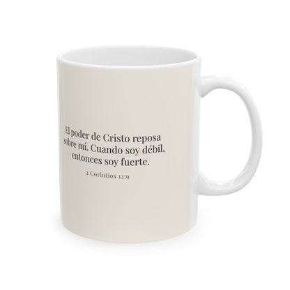 El poder de Cristo reposa sobre mí | Taza devocional ilustrada | 2 Corintios 12:9 — 11 oz · Cara bíblica