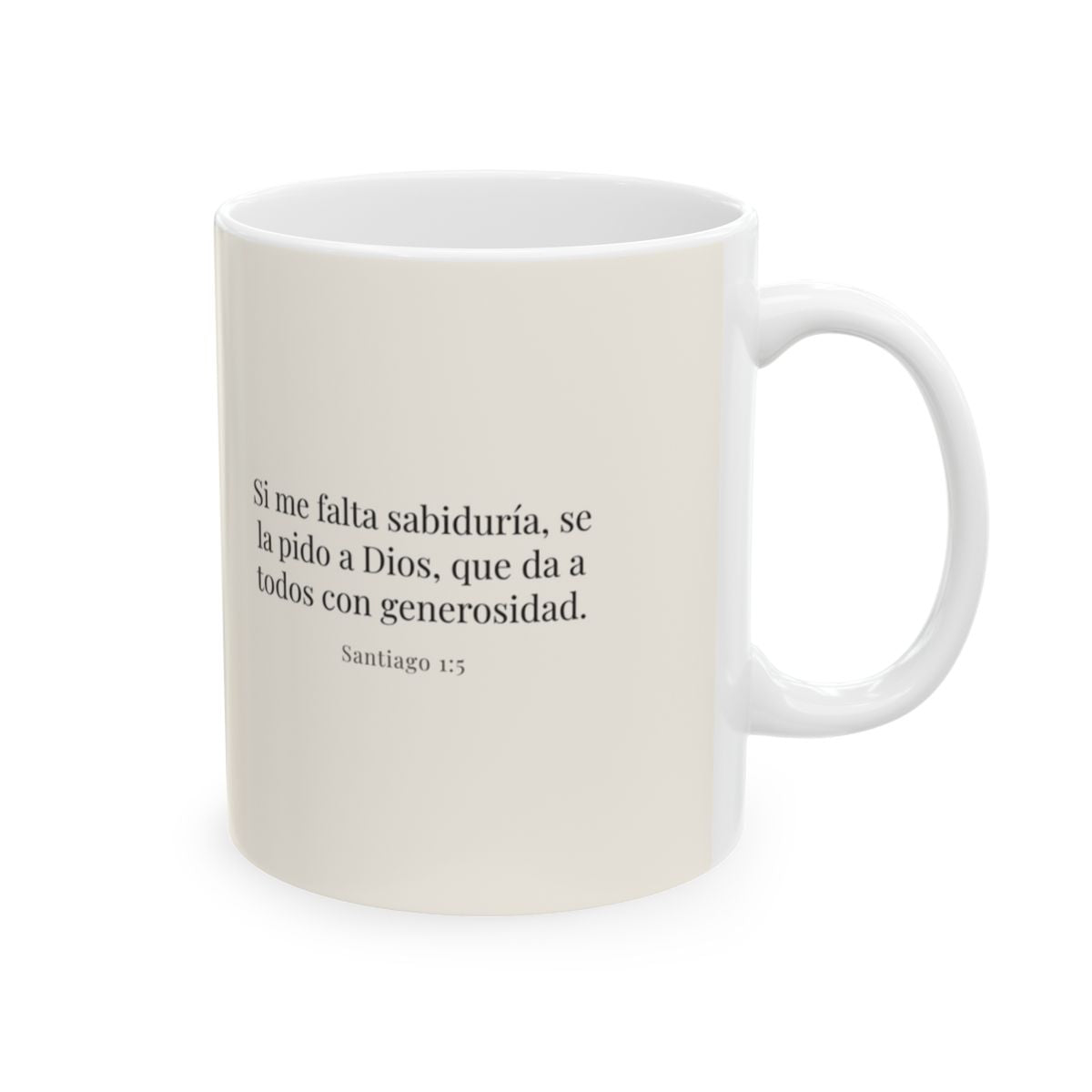 Si me falta sabiduría, Dios me la da | Taza de inspiración bíblica | Santiago 1:5 — 11 oz · Cara bíblica