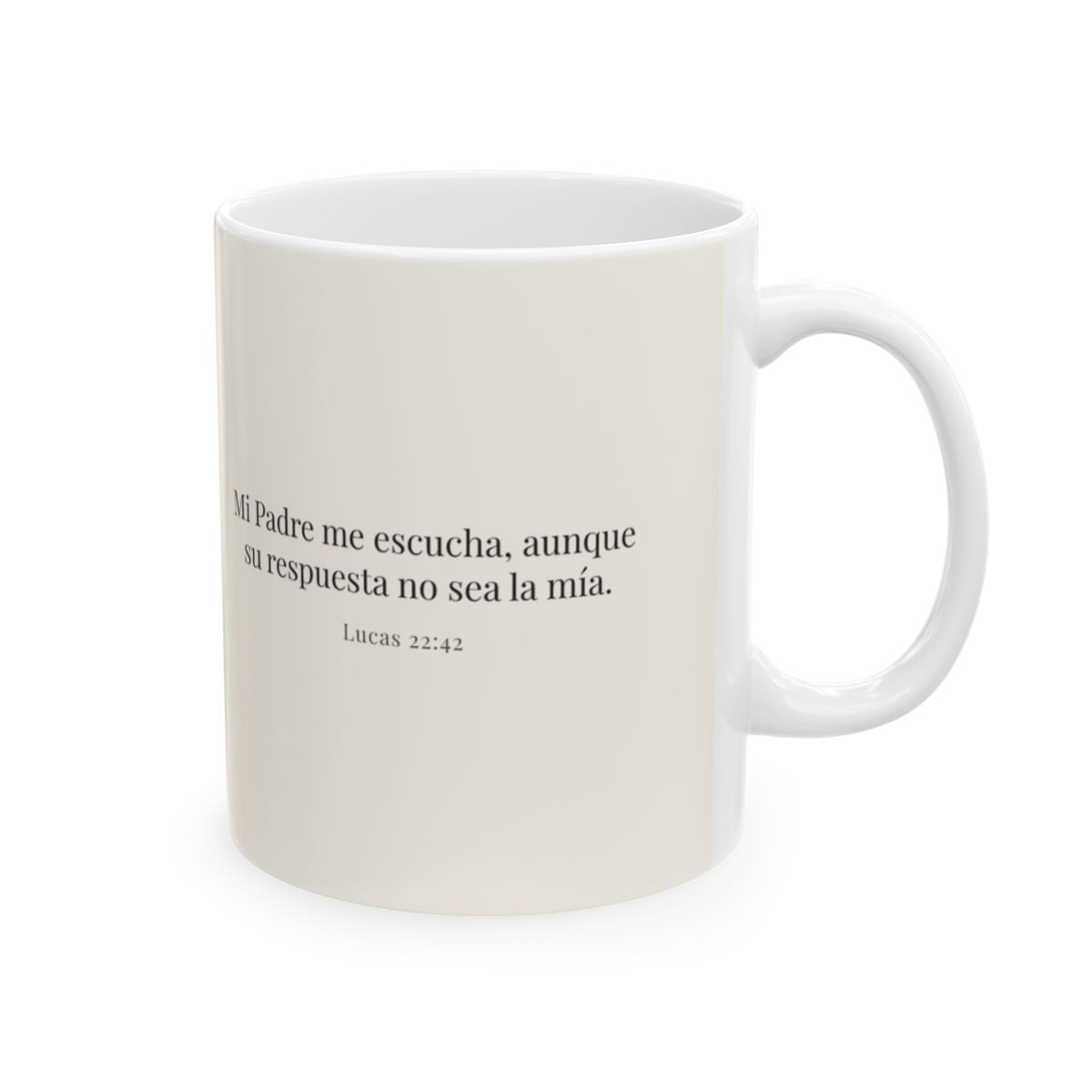 El Padre escucha mi oración | Taza con arte cristiano | Lucas 22:42 — 11 oz · Cara bíblica