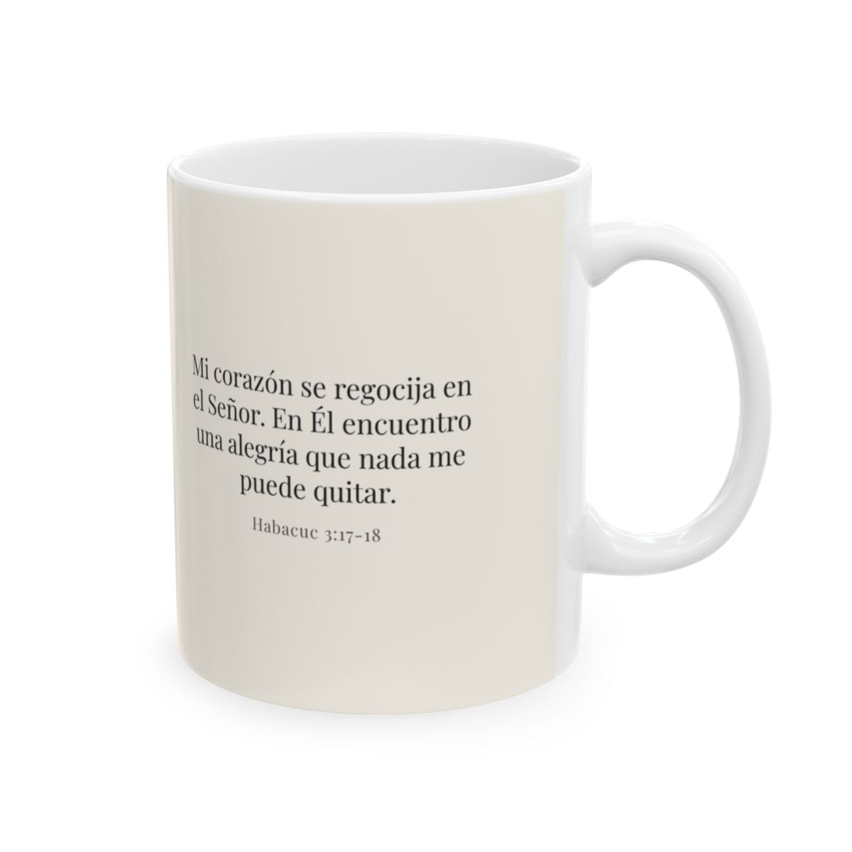 Mi corazón se regocija en el Señor | Taza bíblica para café | Habacuc 3:17-18 — 11 oz · Cara bíblica