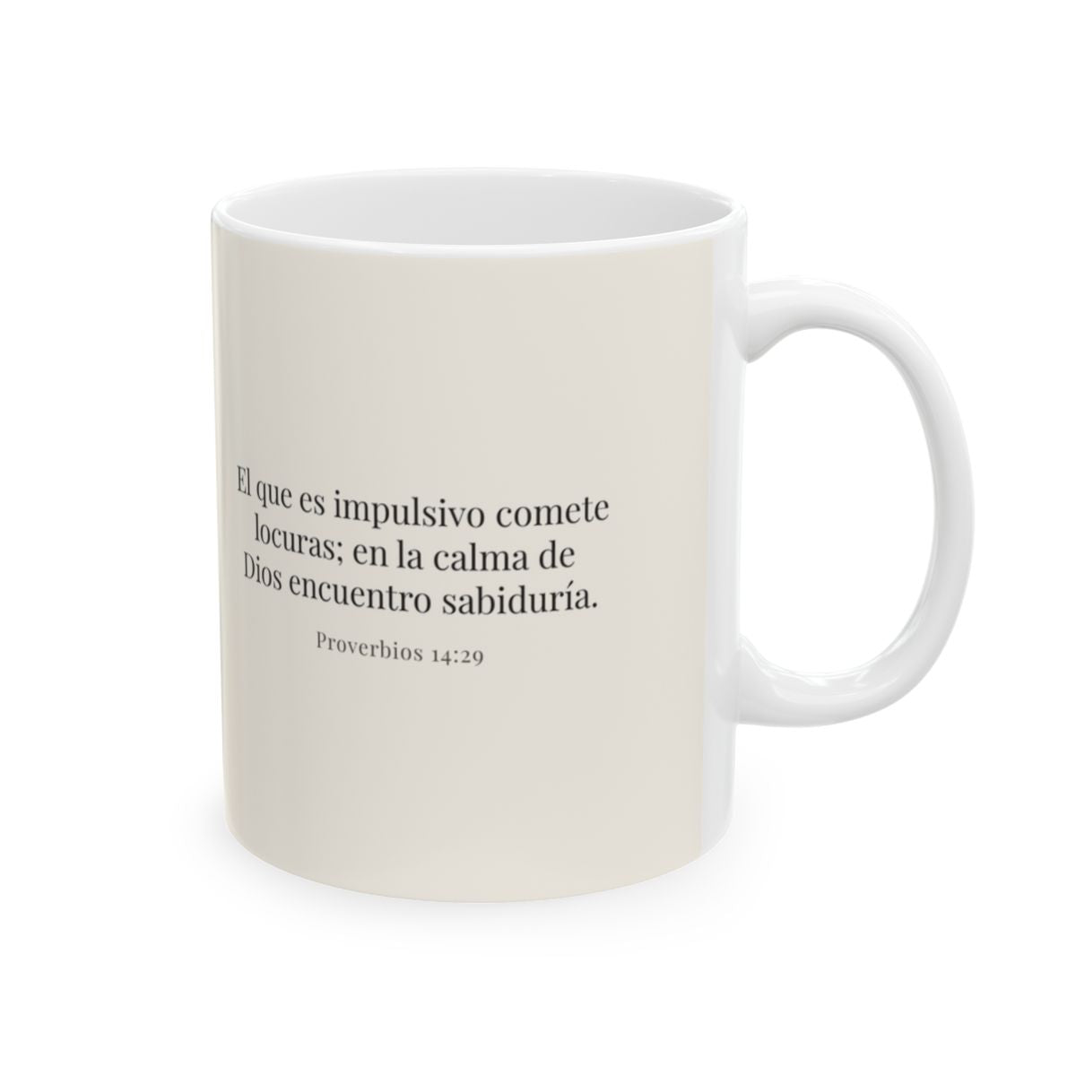 La prisa del corazón no agrada a Dios | Taza cristiana con frase devocional | Proverbios 14:29 — 11 oz · Cara bíblica