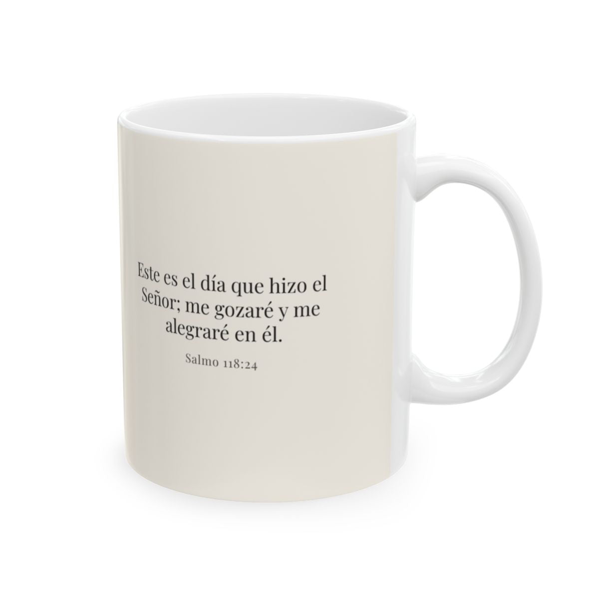Este es el día que hizo Jehová | Taza devocional ilustrada | Salmo 118:24 — 11 oz · Cara bíblica