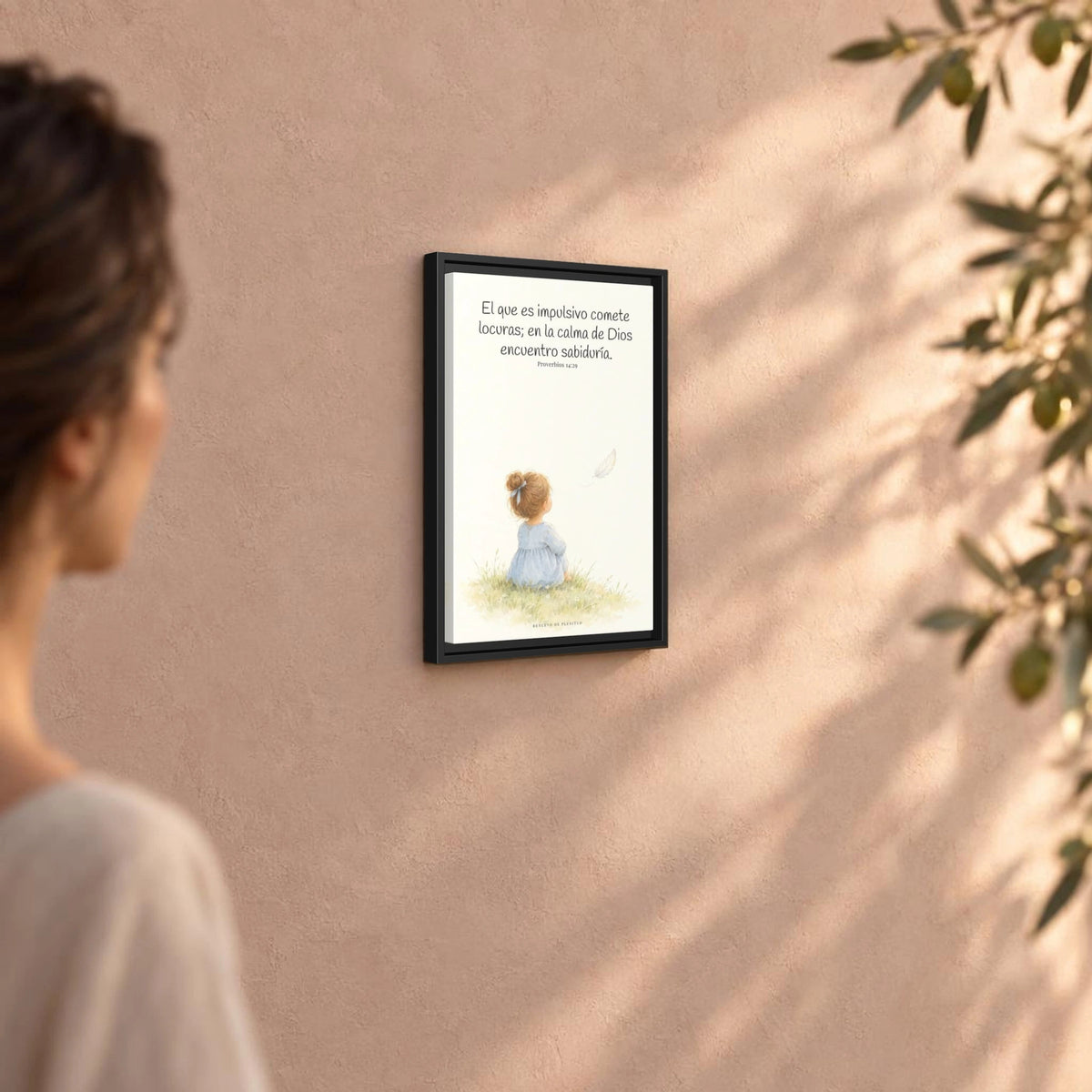 La prisa del corazón no agrada a Dios | Decoración cristiana enmarcada | Proverbios 14:29 — 12×18 pulgadas, marco negro, vista angular ambiental del marco flotante, escala física calibrada