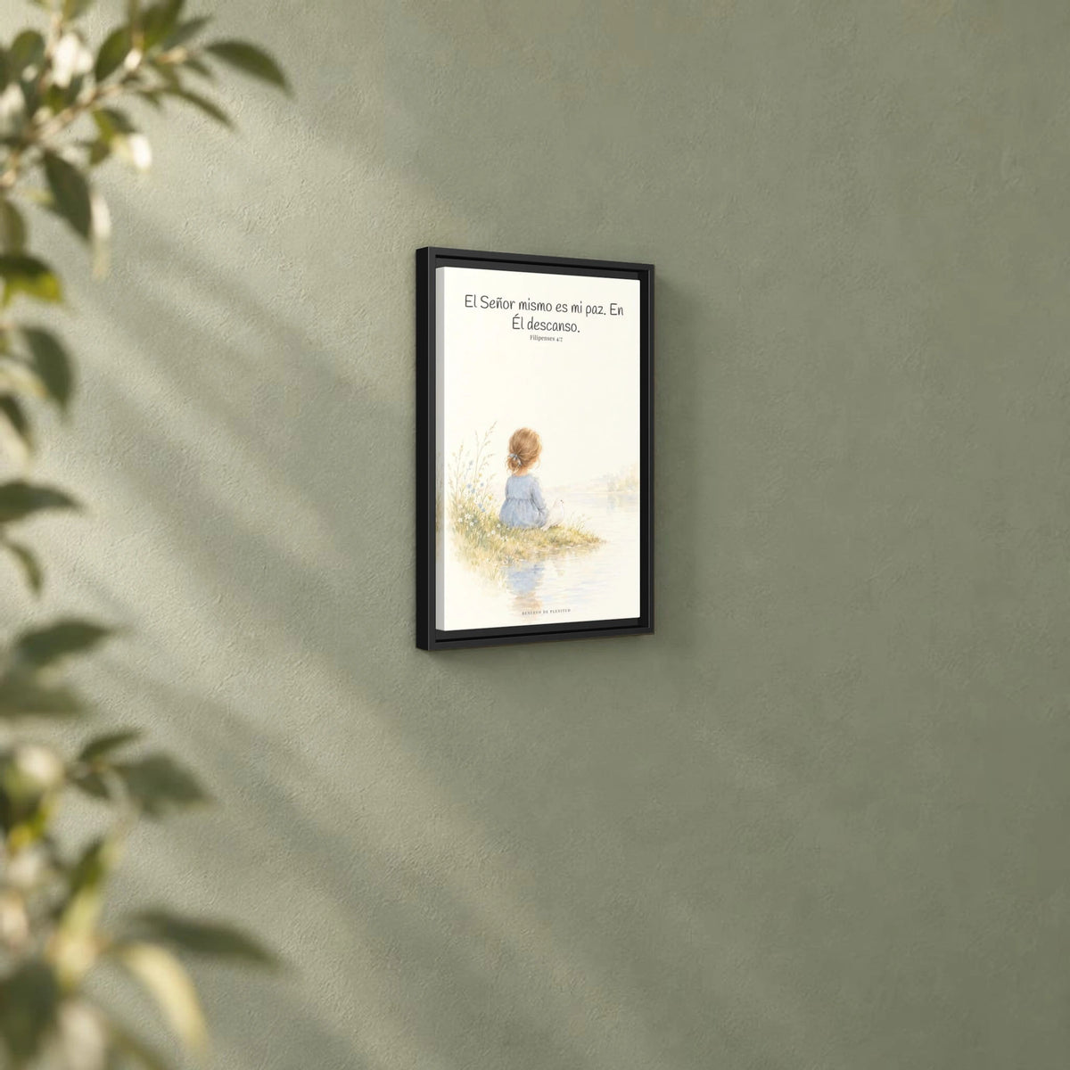 El Señor mismo es mi paz — Lienzo Cristiano Enmarcado | Filipenses 4:7 — 12×18 pulgadas, marco negro, vista angular ambiental del marco flotante, escala física calibrada
