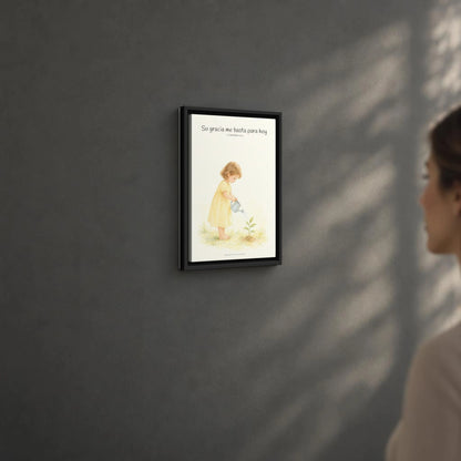 Su gracia me basta para hoy | Decoración de fe para pared | 2 Corintios 12:9 — 12×18 pulgadas, marco negro, vista angular ambiental del marco flotante, escala física calibrada