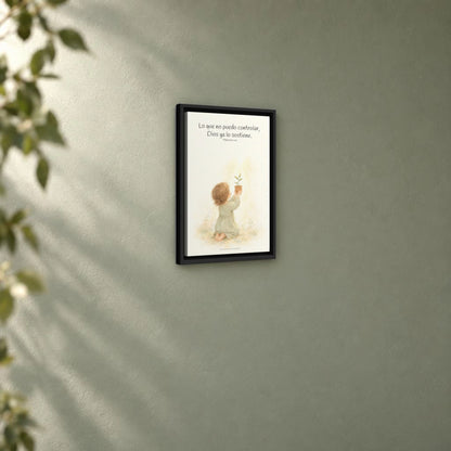 Dios cuida lo que yo no puedo controlar | Decoración de fe para pared | Filipenses 4:6 — 12×18 pulgadas, marco negro, vista angular ambiental del marco flotante, escala física calibrada