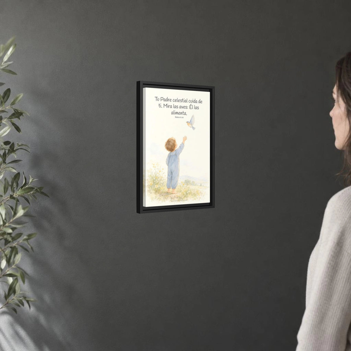 Tu Padre celestial cuida de mí — Lienzo Cristiano Enmarcado | Mateo 6:26 — 12×18 pulgadas, marco negro, vista angular ambiental del marco flotante, escala física calibrada