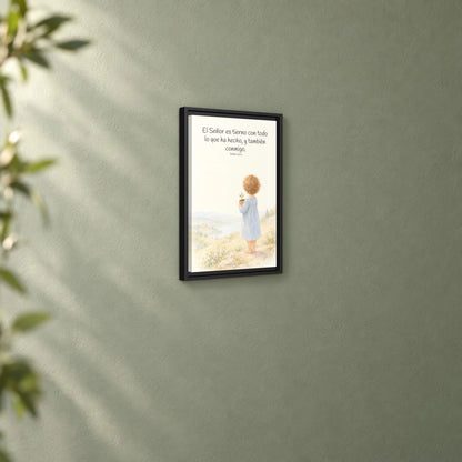 El Señor es tierno con todo lo que ha hecho | Cuadro de inspiración bíblica | Salmo 145:9 — 12×18 pulgadas, marco negro, vista angular ambiental del marco flotante, escala física calibrada