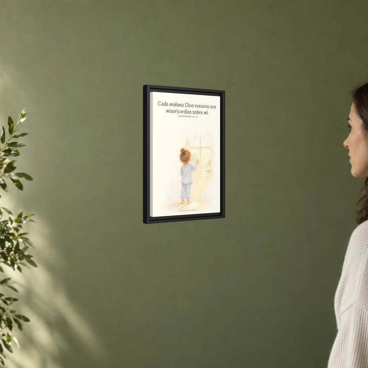 Grandes son sus misericordias cada mañana — Lienzo Cristiano Enmarcado | Lamentaciones 3:22-23 — 12×18 pulgadas, marco negro, vista angular ambiental del marco flotante, escala física calibrada